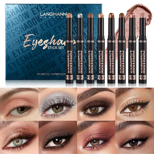 Vista 2 de LANGMANNI Juego de Regalo de 8 Barras de Sombra de Ojos en Crema Suave y Tersa, Color Tierra Mate + Barra de Contorno de Color Metal Brillante
