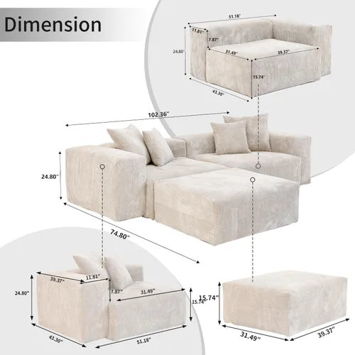 Vista 2 de Cloud Couch - Sofá seccional en forma de L de 102 pulgadas con otomana, sofá de pana de 3 plazas, sofá modular convertible para sala de estar