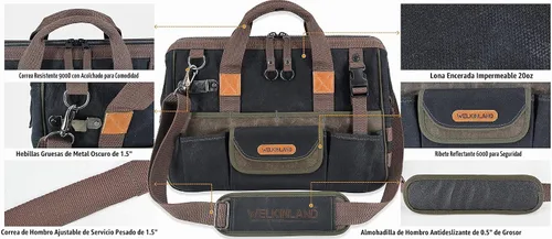 Vista 7 de WELKINLAND Bolsa de herramientas de lona encerada de 32 bolsillos, bolsa de herramientas HVAC de 16 pulgadas para hombres