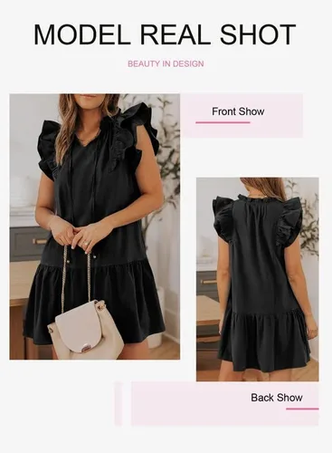 Vista 4 de Dokotoo Vestido corto de verano para mujer con cuello en V, cordón y volantes, manga corta, bolsillos laterales, mini vestido de verano