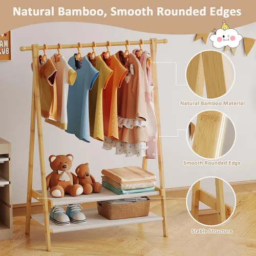 Vista 5 de Perchero de ropa para niños con 2 estantes de tela, soporte plegable para ropa infantil con barra para colgar, organizador de disfraces pequeño