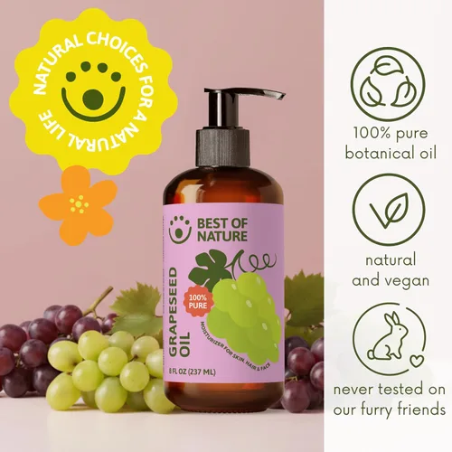 Vista 4 de Best of Nature Aceite corporal y masaje de semilla de uva 100% puro, sin perfume, ligero y no graso para cabello, piel, cara y aceite portador
