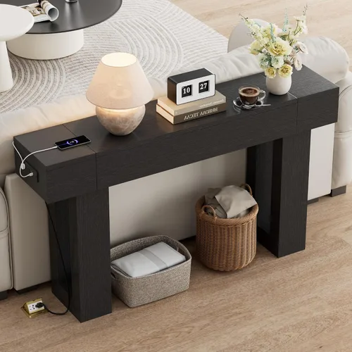 Vista 4 de Mesa consola de 63 pulgadas de largo con salidas y puertos USB, mesa rectangular estrecha para sofá detrás del sofá, mesa de entrada de granja