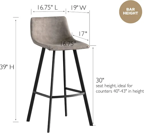Vista 3 de Leick Home 10137BL/GR Taburete de bar tapizado de microfibra con base de acero, juego de 2, para encimeras de cocina elevadas, mesas altas y bares