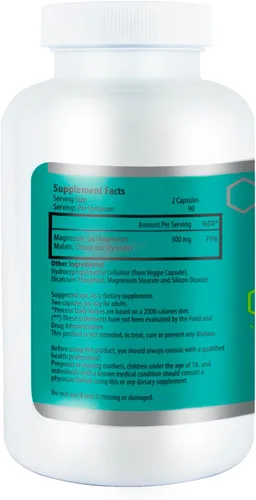 Vista 3 de Suplemento complejo de magnesio (glicinato, citrato y malato) – 180 cápsulas (suministro para 90 días) – 300 mg de magnesio por porción – Vegano