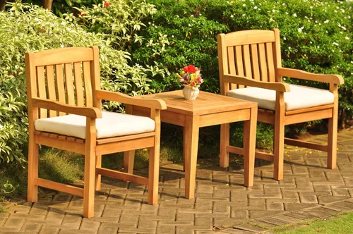 Vista 5 de Juego de comedor de madera de teca de 2 plazas, 3 piezas: mesa auxiliar cuadrada Noida de 2 plazas y 2 sillas de brazo Devon/Capitán #TSDSDVd