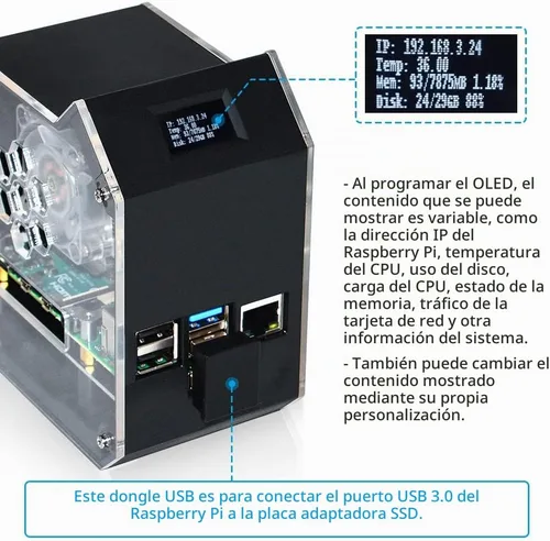 Vista 7 de GeeekPi Kit NAS de mini torre para Raspberry Pi, enfriador de torre PI ICE con ventilador PWM RGB, placa de expansión M.2 SATA SSD, placa