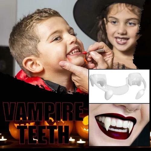 Vista 2 de Halloween Vampiro Colmillos Parodia Amigos Retráctil Tirantes Fiesta Graduación Juego de rol Colmillos Falsos Dientes Apoyos 1428