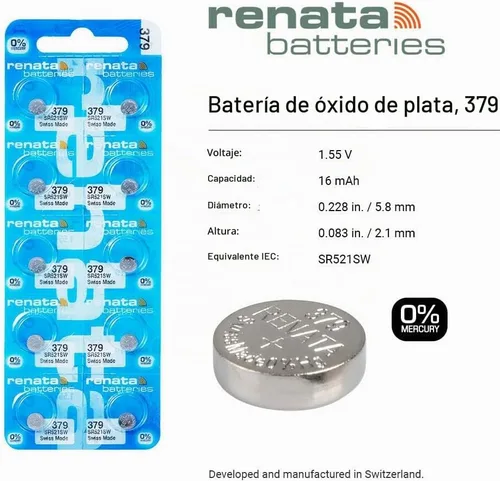 Vista 2 de Renata 379 SR521SW Baterías – 1.55 V Óxido de Plata 379 Batería de Reloj (2 unidades)