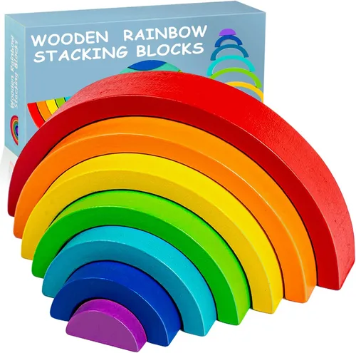 Vista 7 de TUOWITA Juguete apilable de madera arco iris, juego grande de arco apilador de madera, bloques de construcción de arco Montessori, bloques