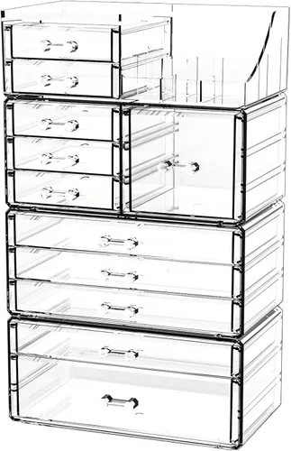 Vista 11 de Organizador de maquillaje pequeño de acrílico con cajones, organizador de cuidado de la piel transparente para tocador, cómoda, encimera de baño