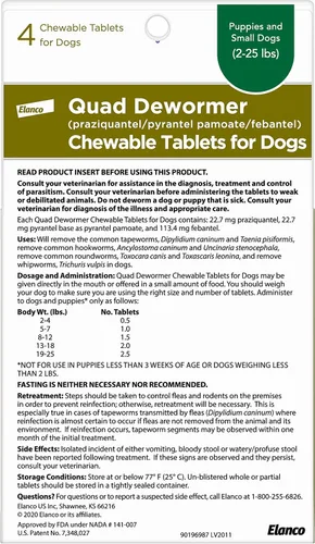 Vista 2 de Elanco Desparasitador cuádruple masticable para perros pequeños, 2-25 libras, 4 tabletas masticables, blanco