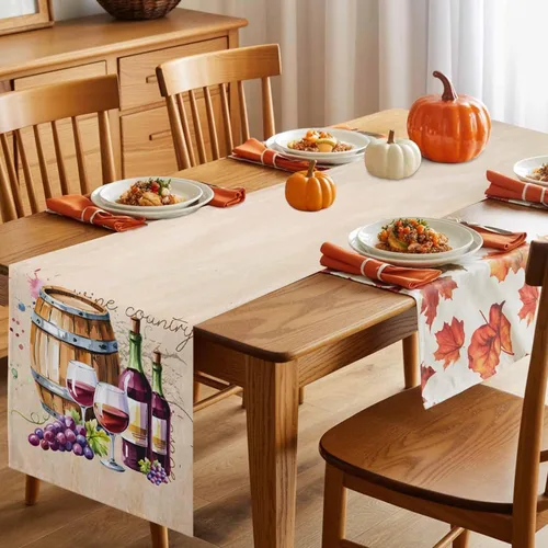 Vista 4 de Camino de mesa de otoño, caminos de mesa de vino y uva, cosecha, Acción de Gracias, vintage, barril de vino, de algodón, lino, bufanda, cocina, mesa