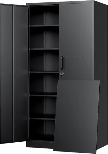 Vista 19 de Yizosh Armario de almacenamiento de metal para garaje con 2 puertas y 5 estantes ajustables, gabinete de archivo de acero con cerradura de 71