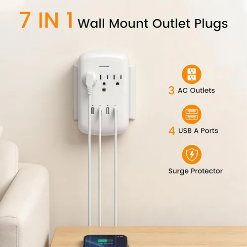 Vista 2 de Oviitech Adaptador de Montaje en Pared Multi Toma de Corriente con Protector Contra Picos de Corriente y 4 (4.2 AMP) Puertos USB de Carga, 3 Tomas