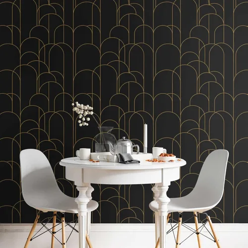 Vista 3 de Papel tapiz para despegar y pegar, moderno papel tapiz geométrico negro/dorado, 17.71 x 118 pulgadas, papel tapiz autoadhesivo extraíble, papel