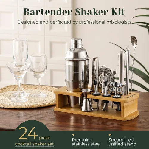 Vista 3 de Juego de coctelera, kit de camarero de bar de 24 piezas con soporte, coctelera de Martini, jigger, colador, cuchara mezcladora, muddler, vertedores