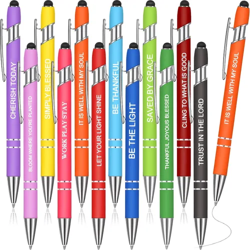 Vista 19 de Zonon 12 piezas de bolígrafos inspiradores a granel, divertidos bolígrafos de bola con punta estilo lápiz táctil, regalos motivacionales para el Día