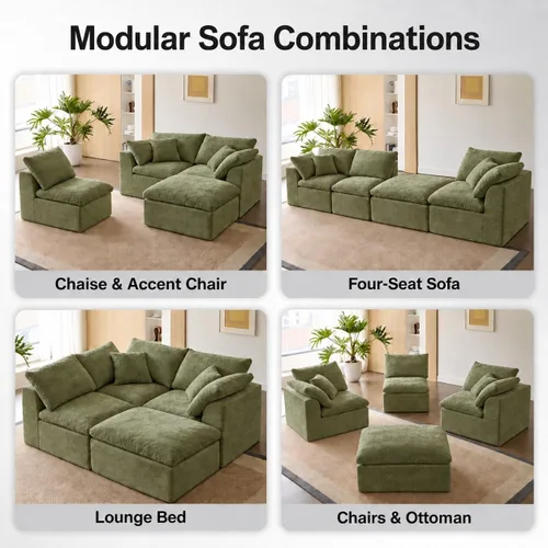 Vista 4 de Sofá modular en forma de L de 102 pulgadas para sala de estar, moderno sofá modular con otomana, cómodo sofá de espuma viscoelástica de felpilla sin