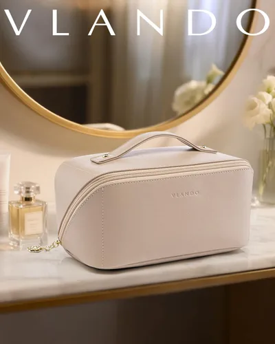 Vista 2 de Vlando Bolsa de maquillaje de viaje, neceser para mujer, piel sintética, abierta, plana, bolsa de maquillaje, Clásico elegante