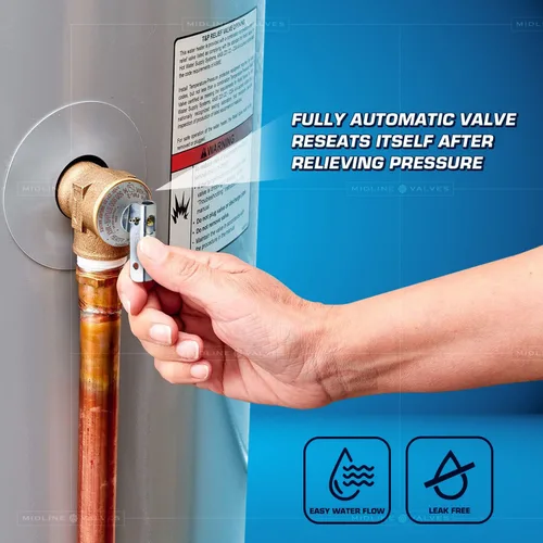 Vista 4 de Midline Valve GUHW-QSW256-5 Válvula de alivio de presión para calentador de agua sin tanque, latón forjado, 3/4 pulgadas FIP x MIP (paquete de 5)