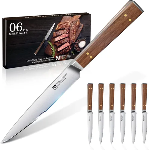 Vista 10 de Juego de 4 cuchillos de carne serrados de Purple Dragon de acero alemán de alto carbono con mango cuadrado de madera - Corte sin esfuerzo - Regalo
