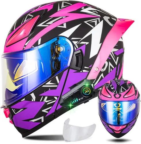 Vista 9 de Casco modular de motocicleta con Bluetooth, casco de motocicleta abatible de cara completa para hombres y mujeres con visera tintada y transparente