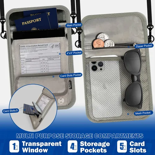 Vista 2 de Cartera de viaje, billetera de pasaporte con bloqueo RFID para mujer, impermeable, con cuello delgado, carteras de mujer, antirrobo, bolso