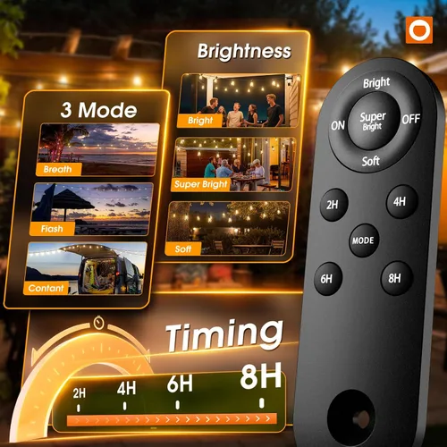 Vista 2 de addlon Cadena de luces solares de 54 pies (48+6) para exteriores, impermeables con carga USB y control remoto - Luces de patio con energía solar