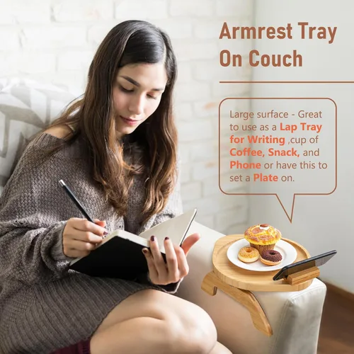 Vista 3 de SINWANT Mesa de brazo para sofá, bandeja redonda de bambú con clip para sofá con soporte para teléfono de 360°, mesa plegable para reposabrazos