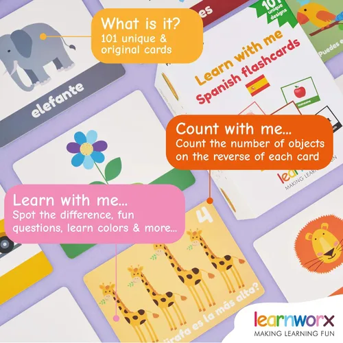Vista 4 de Tarjetas flash españolas para niños y niños pequeños - 101 tarjetas - 202 lados - Aprende conmigo - Objetos, números y juegos - Gran valor
