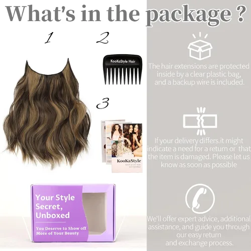 Vista 10 de KooKaStyle - Extensiones de cabello con hilo invisible, diadema transparente, ajustables, 4 clips fijadores, cabello largo y ondulado de 12