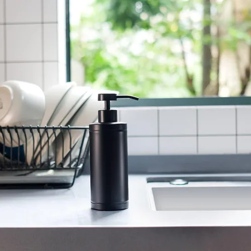 Vista 7 de Dispensador de jabón de acero inoxidable para baño, diseño plano negro mate, bomba de metal, dispensador de jabón líquido de manos a prueba de óxido