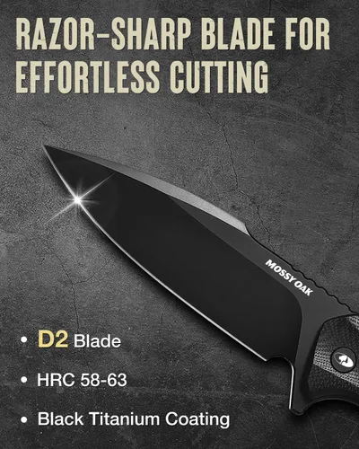 Vista 2 de Mossy Oak Cuchillo de hoja fija para exteriores, cuchillo de acero D2 de espiga completa de 8 pulgadas con funda Kydex, mango G10, cuchillo