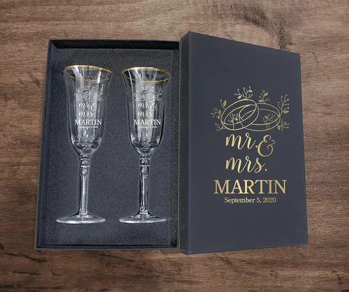 Vista 30 de Juego de 2 copas de champán personalizadas para boda grabadas con caja - Bride & Groom's Wedding Toast
