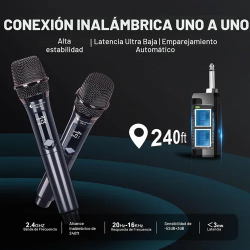Vista 4 de Micrófonos inalámbricos - Micrófono de karaoke para cantar - Micrófono inalámbrico recargable con receptor de doble canal - Rango de 240 pies