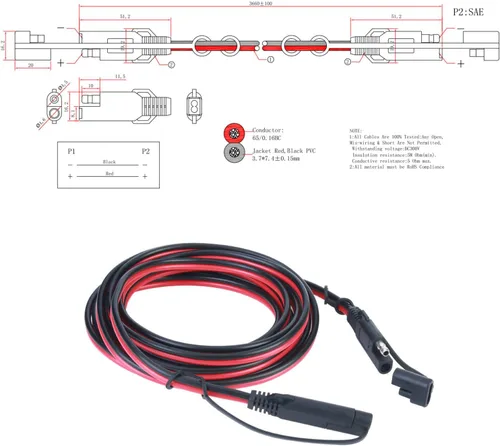 Vista 4 de AEISVIK Cables de Carga de Batería SAE TO SAE 12V-24V Cable de Extensión de Desconexión Rápida de 2 Pines Con Tapa Antipolvo Cable de Conexión DC