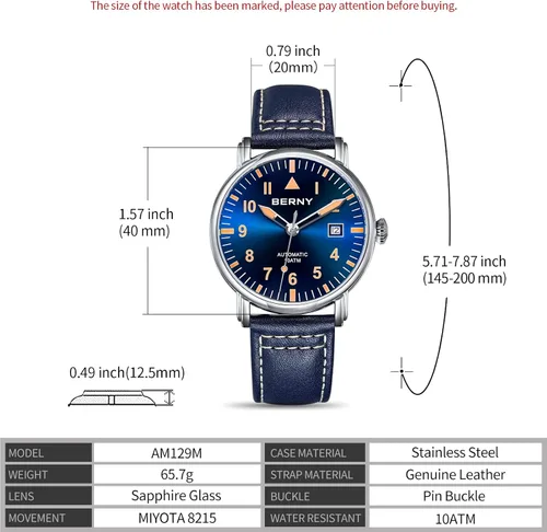 Vista 7 de BERNY Reloj mecánico automático para hombre, correa de cuero de cuerda automática, reloj de pulsera clásico Pilot impermeable, 10ATM, cristal