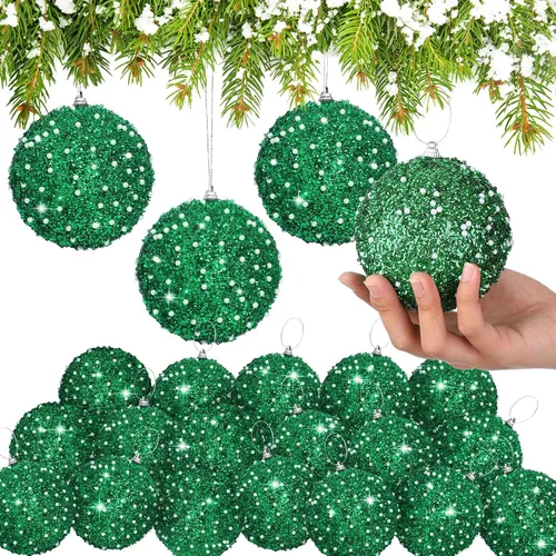 Vista 10 de Lyrow 24 piezas 3.15" Juego de adornos de bola de Navidad con purpurina, bola de espuma con lentejuelas colgante, decorativa, en masa, para árbol