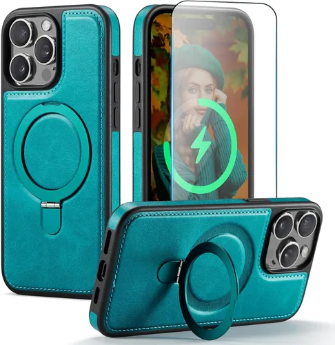 Vista 15 de Funda para iPhone 13 con soporte compatible con Magsafe, color negro Magnetic Kickstand, with Tempered Glass Screen Protector, Durable PU Leather