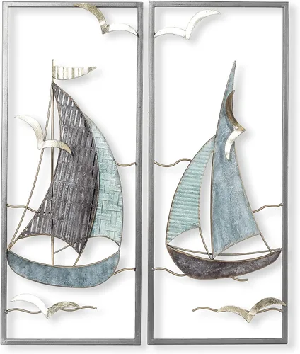 Vista 3 de DECO DE VILLE Diseño moderno contemporáneo estilo náutico barco tema metal pared escultura marina decoración, velero-G