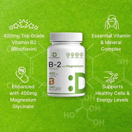 Vista 4 de DEAL SUPPLEMENT Vitamina B2 400 mg (Riboflavina) con glicinato de magnesio 400 mg, 240 Cápsulas – 2 en 1 apoya el sistema nervioso saludable