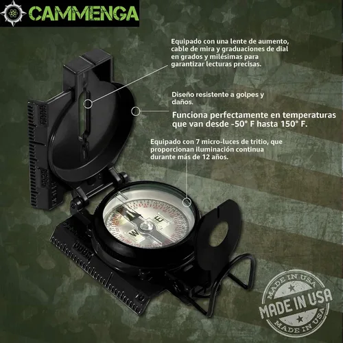 Vista 3 de Cammenga Brújula Lensática de Tritio Oficial del Ejército de EE. UU., Brújulas de Mano Impermeables y Precisas con Funda para Senderismo, Camping