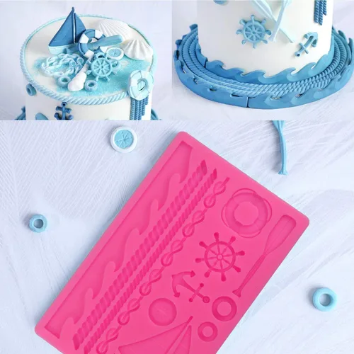 Vista 4 de Molde de silicona con temática de velero, moldes de fondant, olas de mar, moldes de silicona para pasta de goma, moldes de chocolate para decoración