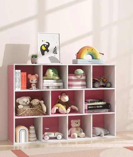 Vista 10 de Organizador de almacenamiento de juguetes para niños de 11 cubos con estante para niños, estantería de bebé para guardería, estantería de madera