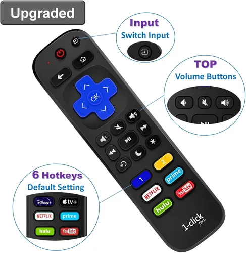 Vista 2 de [con cubierta brillante] Control remoto 1-clicktech para Roku TV con 6 teclas de acceso rápido personalizables, para TCL Hisense Onn Sharp Sanyo