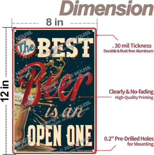 Vista 3 de Letrero divertido de bar o cueva de hombre con texto en inglés "The Best Beer is an Open One" Letreros de cerveza de metal vintage duraderos de 12