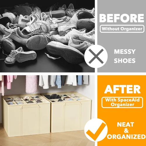 Vista 2 de SpaceAid - Organizador de zapatos para armario, paquete de 2 contenedores plegables de almacenamiento para zapatos, cestas con separadores Beige