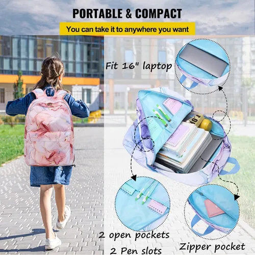 Vista 3 de Jumpopack Mochila escolar para adolescentes y niñas, mochila con lonchera, mochilas para niños para escuela primaria, bolsa de libros (azul mármol)