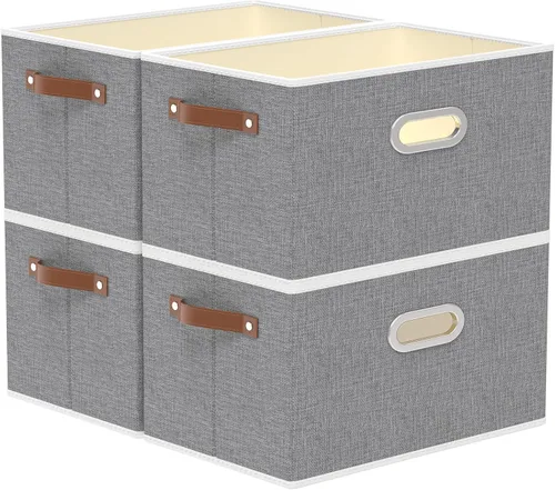 Vista 17 de Yawinhe Cestas de almacenamiento de tela, organizador plegable de armario para estantes, cajas grandes con 3 asas, contenedores de lona para ropa